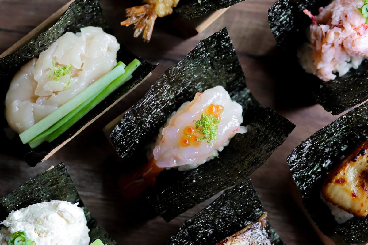 Open nori hand rolls with shrimp, scallop and crab at Matsunori